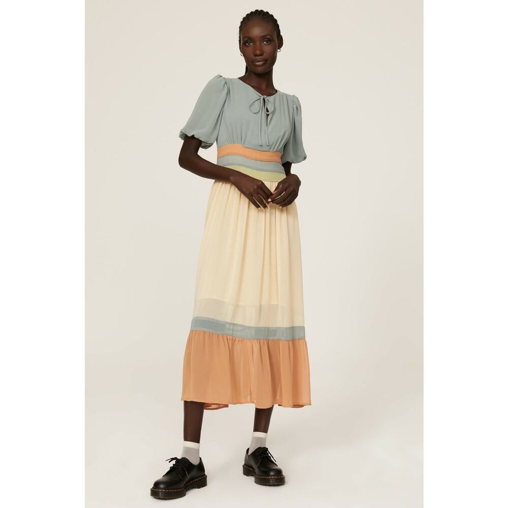 PAMELA LOVE x RTR Multicolored Color Block Crewneck Chiffon Midi Dress Size L